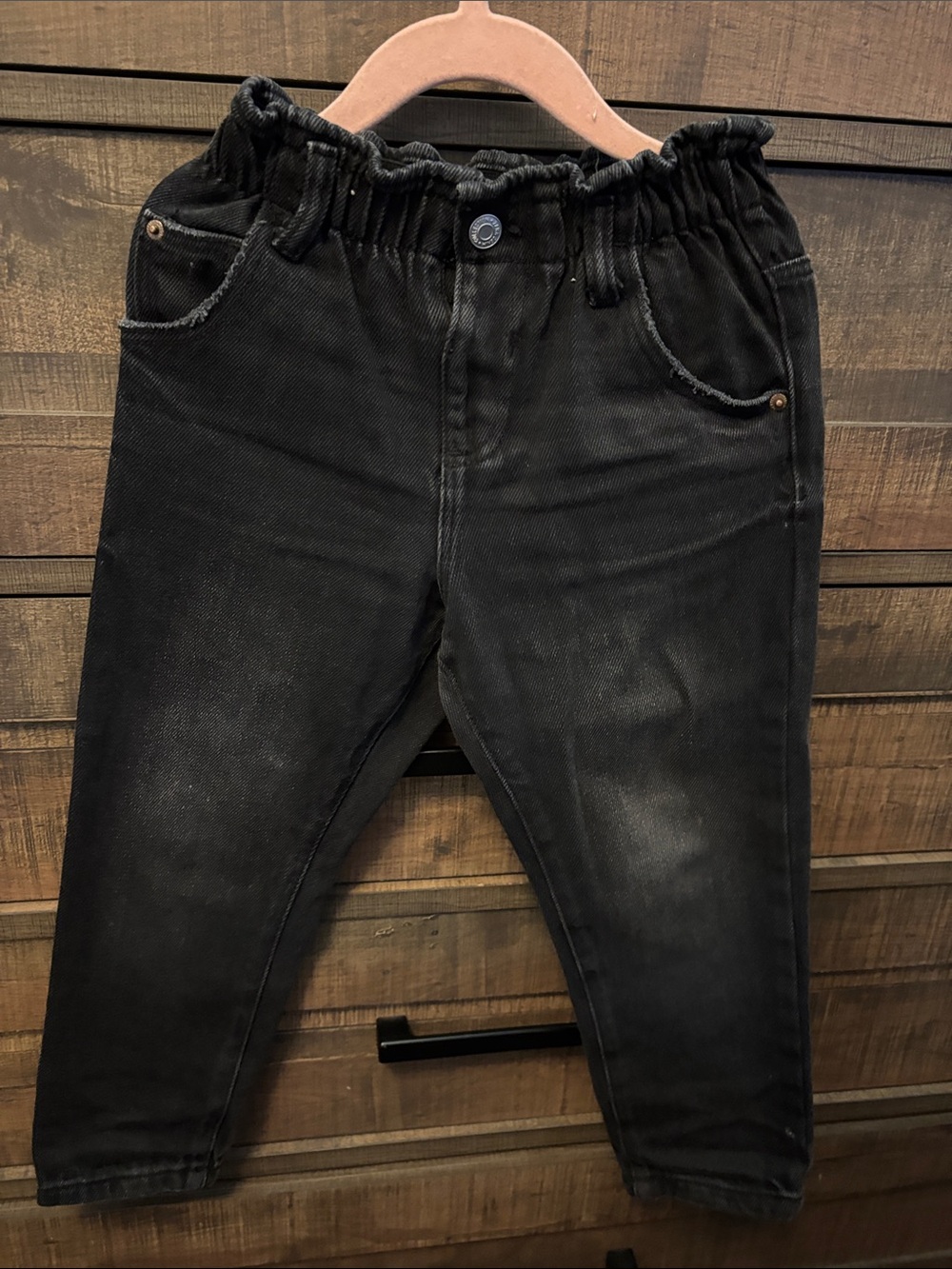 Zara Black Stretch Denim Jeans with Ruffled Elastic Waist